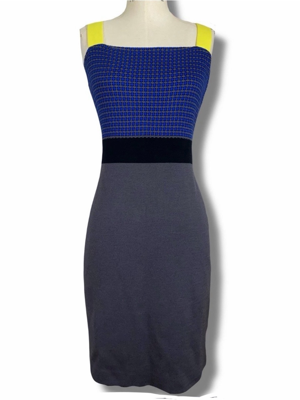 St. John Blue, Gray & Yellow Knit Midi Dress